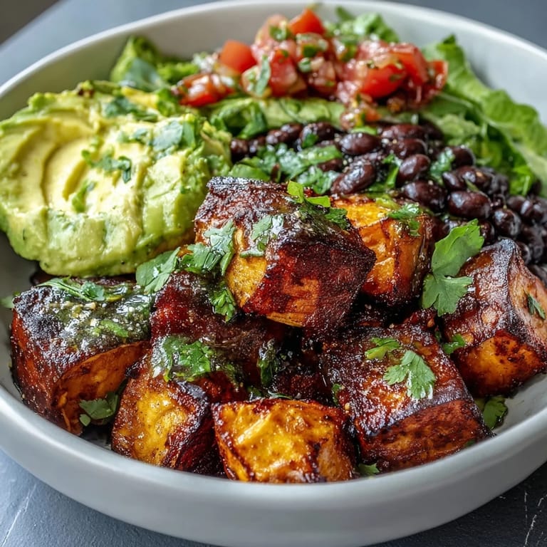 A fork breaks into tender roasted sweet potatoes over black beans in this easy Sweet Potato and Black Bean Bowl topped with salsa and avocado.