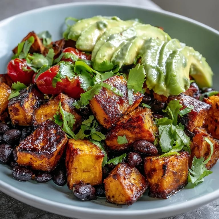 A close look at the colorful Sweet Potato and Black Bean Bowl shows fresh cherry tomatoes, sliced avocado, and a zesty lime dressing drizzled.