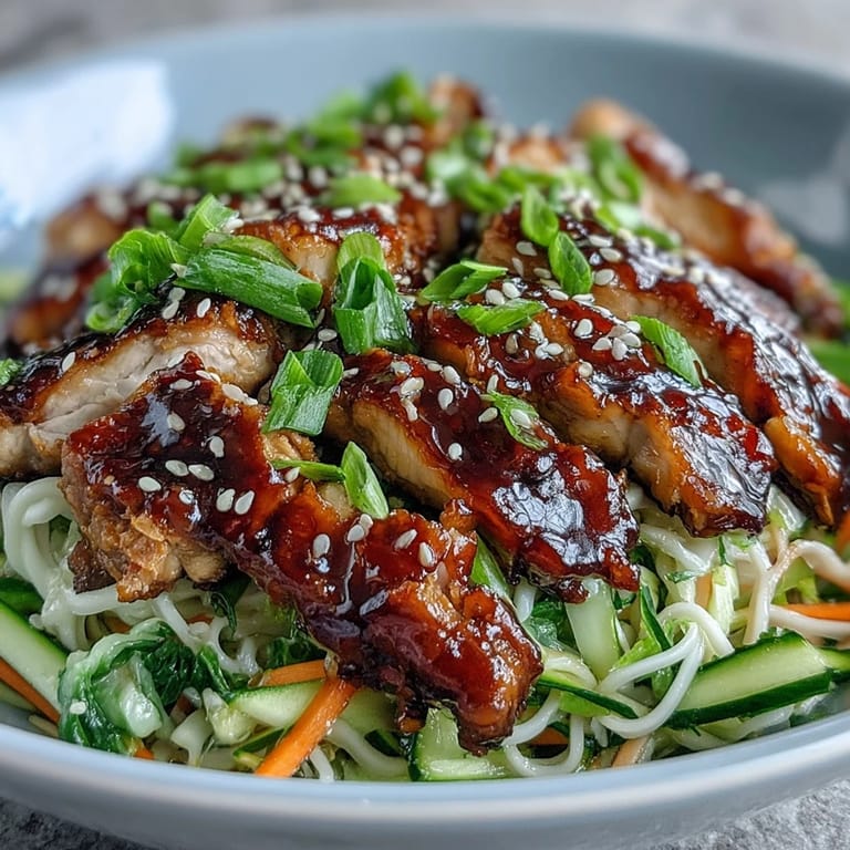 Garnished Asian Chicken Noodle Bowl featuring rice noodles, vibrant veggies, and toasted sesame seeds on a rustic table.