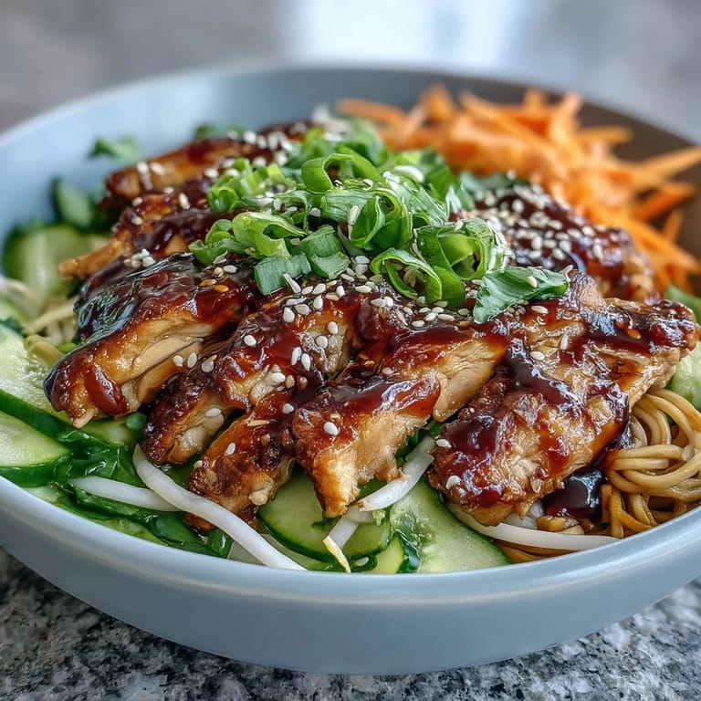 Asian Chicken Noodle Bowl with crisp vegetables and tender chicken, drizzled with savory sauce and lime wedges.