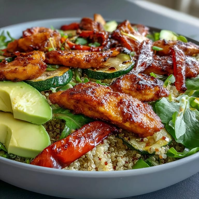 Spoon lifting vibrant roasted veggies and sliced chicken from a Paprika Roasted Vegetable Quinoa Bowl with avocado.