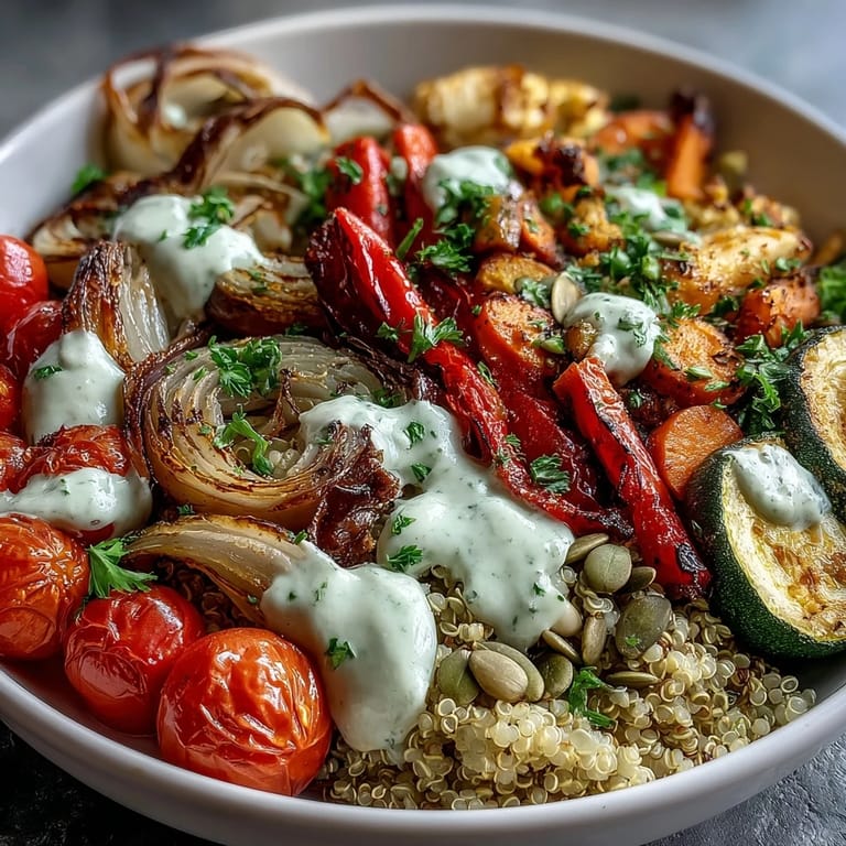A finished Roasted Vegetable Quinoa Bowl topped with fresh parsley and toasted pumpkin seeds, ready for a healthy lunch or dinner.