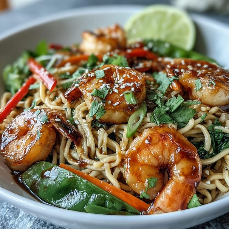 An aromatic serving of Asian Noodle Bowl with Shrimp and Scallops in a savory broth, topped with lime wedges and sesame seeds.