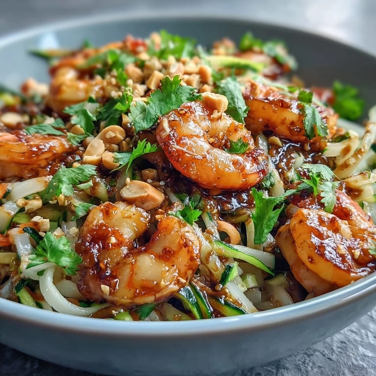 A freshly tossed Asian Noodle Bowl featuring succulent shrimp, crunchy carrots, zucchini, and aromatic herbs, served warm.