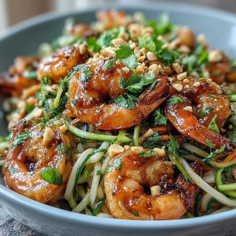 Spicy Asian Noodle Bowl loaded with stir-fried shrimp, fresh veggies, lime wedges, and a glistening sesame sauce.