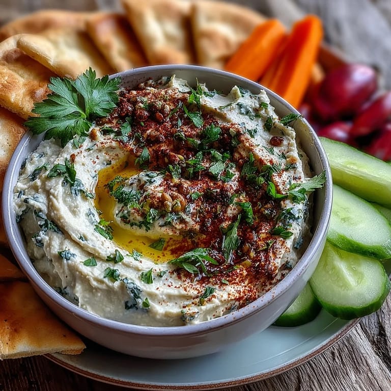 A protein-rich bowl of Black-Eyed Pea Hummus garnished with parsley and lemon slices on pita.