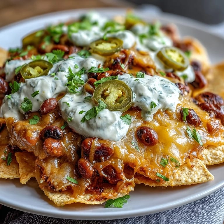 Golden, cheesy Black-Eyed Pea Nachos topped with fresh green onions and jalapeños on a rustic serving platter.
