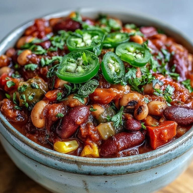 Spoon lifting a serving of Black-Eyed Pea Chili from a bowl, topped with shredded cheese and fresh jalapeño slices.