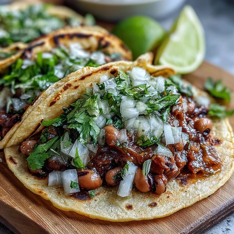 Hearty Black-Eyed Pea Tacos topped with diced onion, fresh cilantro, lime wedges, and chunky salsa.