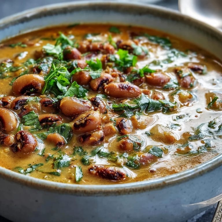 Spoonful of vegan Black-Eyed Pea Curry lifted from a bowl, revealing the thick, hearty texture and fresh cilantro garnish.