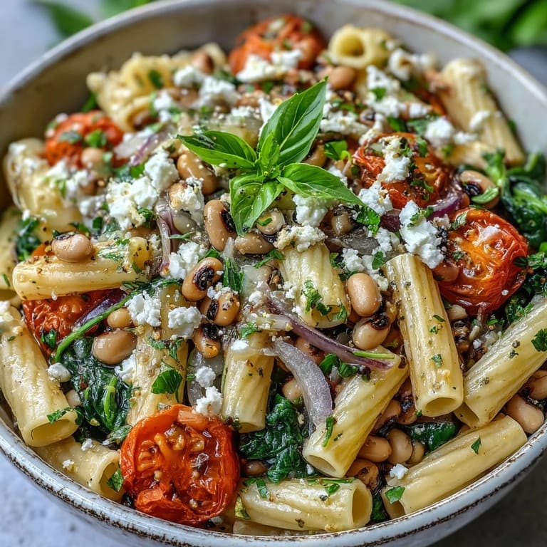 Savory Black-Eyed Pea Pasta topped with crumbled feta and a bright squeeze of lemon.
