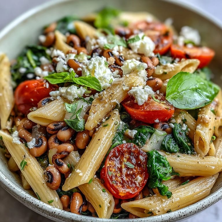 Garlic-infused Black-Eyed Pea Pasta with tender legumes and wilted greens in a Mediterranean skillet.