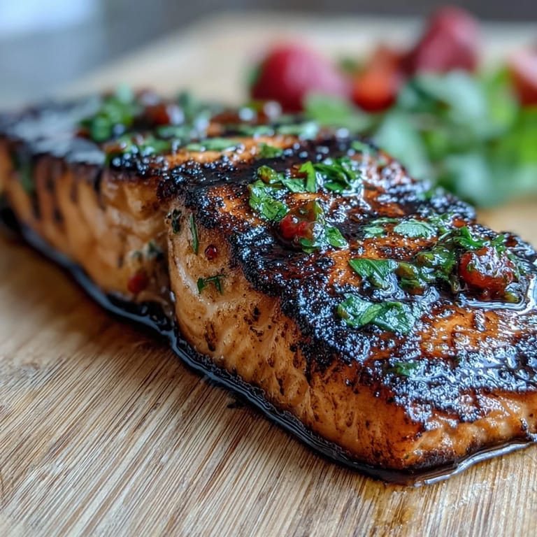 A healthy grilled salmon dish paired with sweet and tangy strawberry salsa, garnished with lemon and herbs.