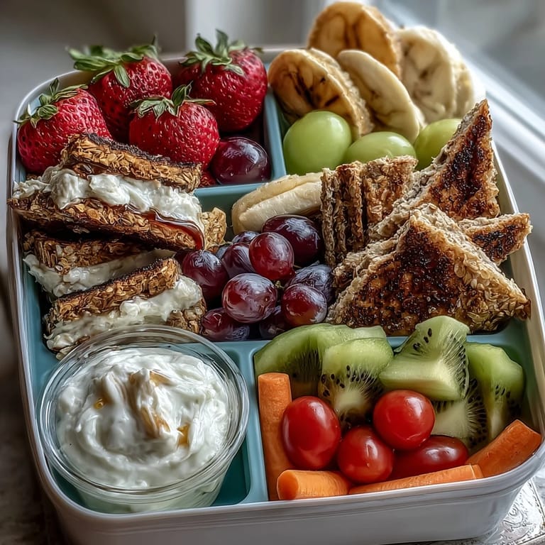 Vibrant bento box with fresh fruit skewers, cherry tomatoes, carrot sticks, and a sweet yogurt dip—perfect for school lunches or picnics.  