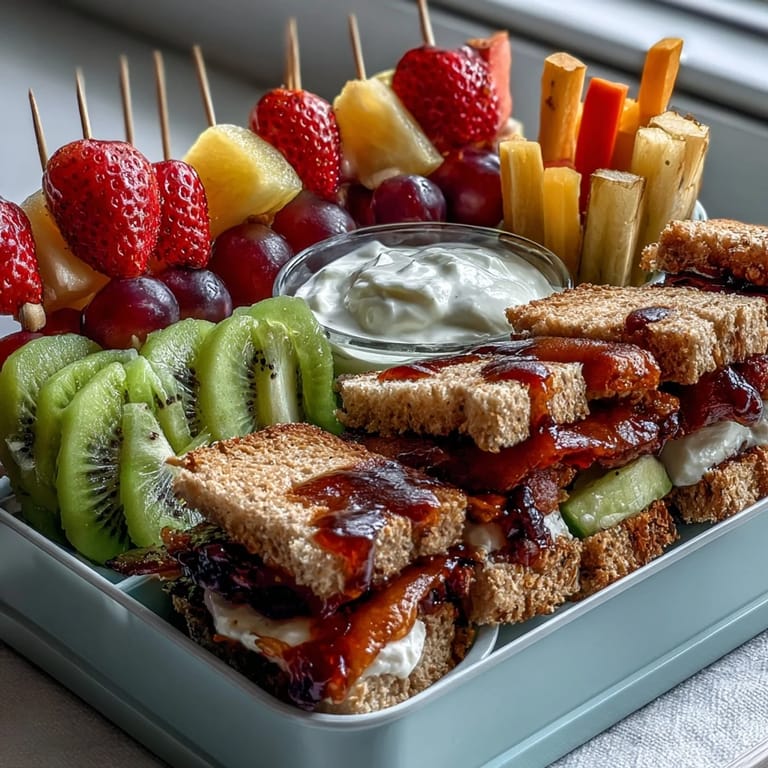 Kid-friendly bento lunch with bright fruit kabobs, wholesome sandwich bites, and a tasty yogurt dip, ideal for picky eaters and busy parents.