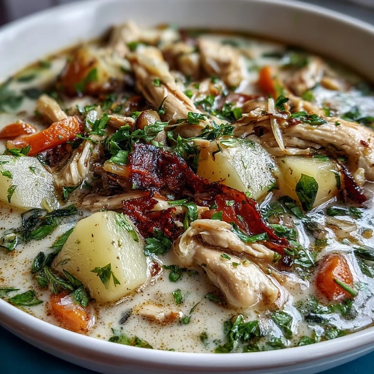Comforting slow cooker chicken pot pie soup with flaky biscuits and fresh parsley garnish.