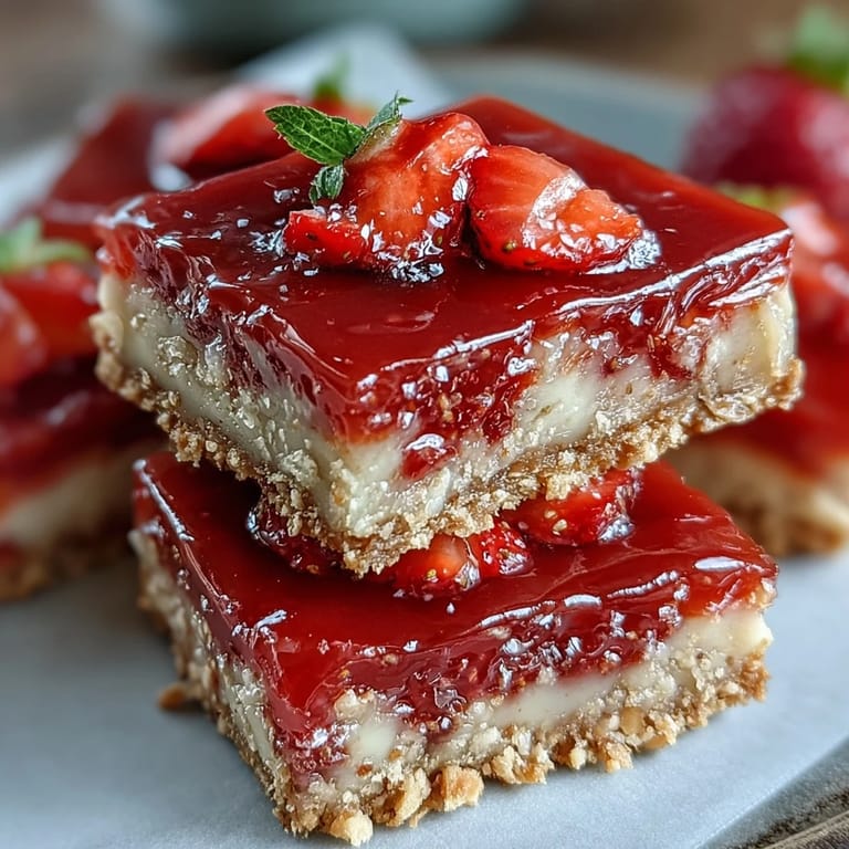 Buttery shortbread base topped with tangy strawberry-lemon filling, offering a refreshing dessert for warm weather.
