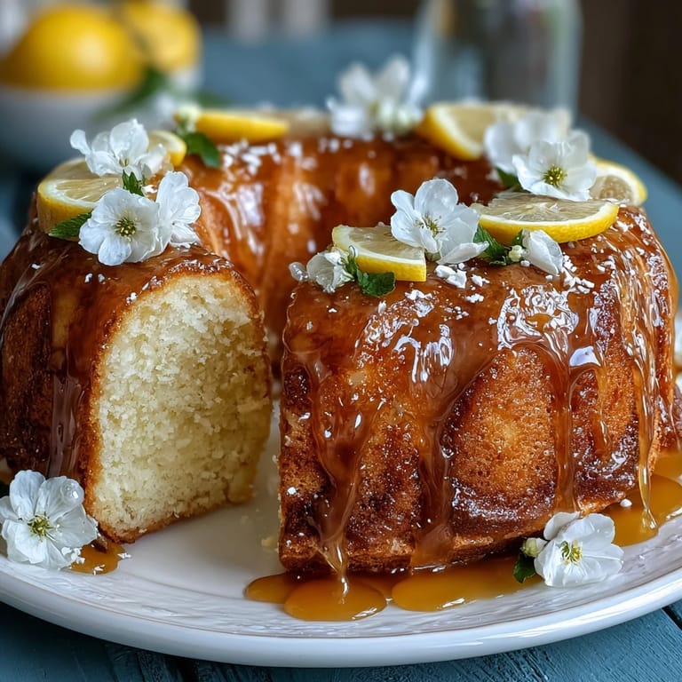 Bright and zesty lemon cake drizzled with sweet glaze, adorned with delicate edible flowers for a festive Mothers Day treat.