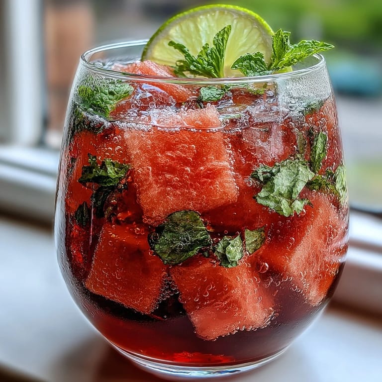 Cool and refreshing watermelon mint vodka spritz mocktail, garnished with lime and fresh mint for a summery, alcohol-free drink.