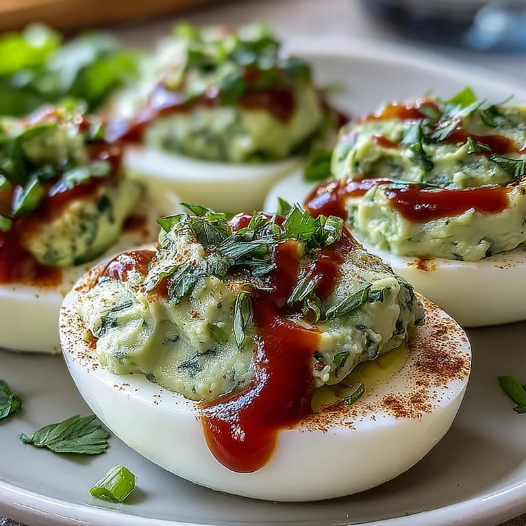 Healthy avocado deviled eggs with Dijon mustard and red onion, drizzled with Sriracha for a spicy, colorful appetizer.