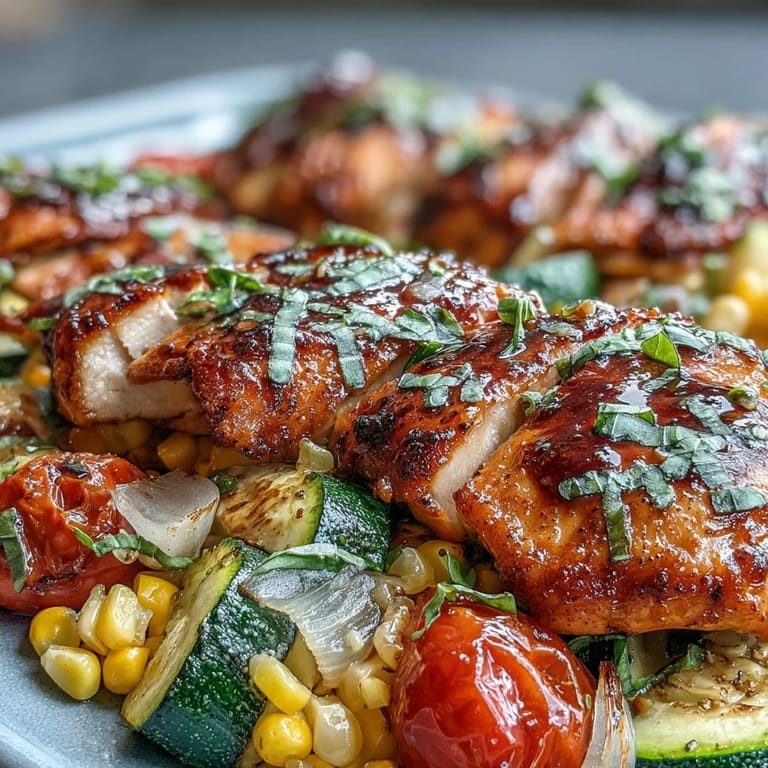 Sheet pan chicken with colorful zucchini rounds, sweet corn kernels, and red onion, perfect for quick weeknight meals.