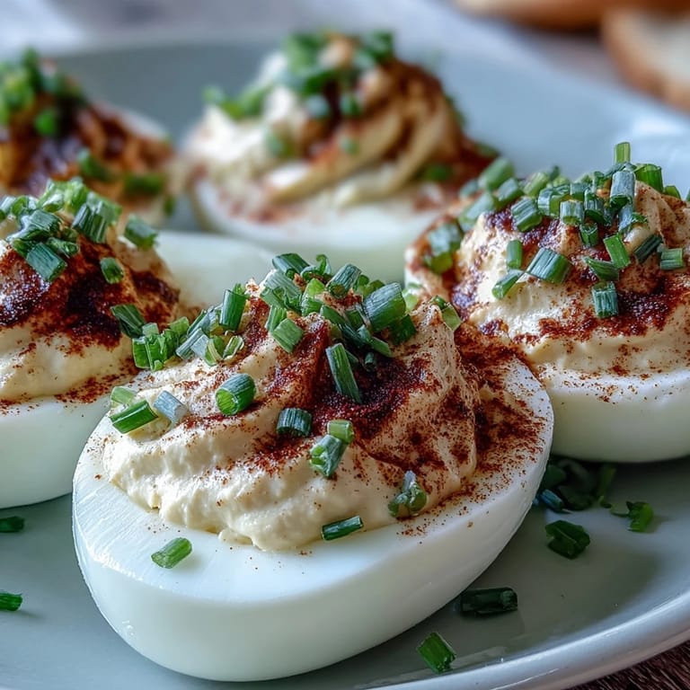 Deviled Eggs with Paprika and Chives, tangy Dijon-mayo filling topped with vibrant chives for a classic party appetizer.