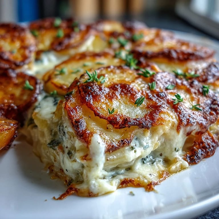 Elegant scalloped potatoes baked with Gruyere, featuring a golden crust and creamy interior—ideal for holiday dinners or special gatherings.