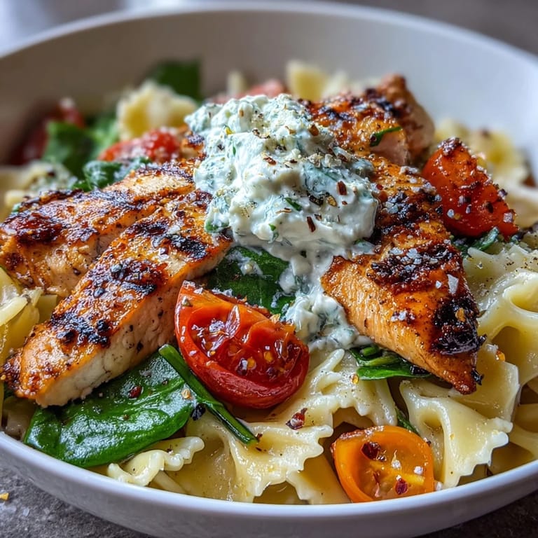 Wholesome pasta bowl topped with tender grilled chicken, fresh spinach, and protein-rich cottage cheese.  