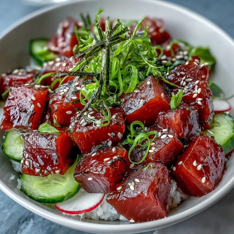 Light and refreshing Spring Tuna Poke Bowl with marinated sushi-grade tuna, julienned vegetables, and sesame-garnished rice.