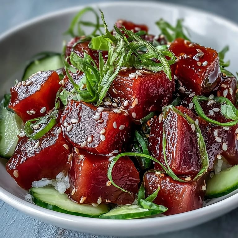 Colorful poke bowl featuring fresh tuna, avocado, edamame, and crunchy vegetables, drizzled with zesty ponzu dressing.  
