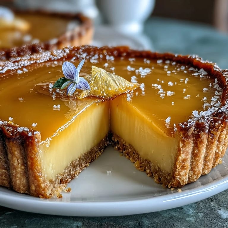 Buttery tart crust layered with tangy lemon curd and garnished with colorful edible flowers, perfect for spring gatherings.