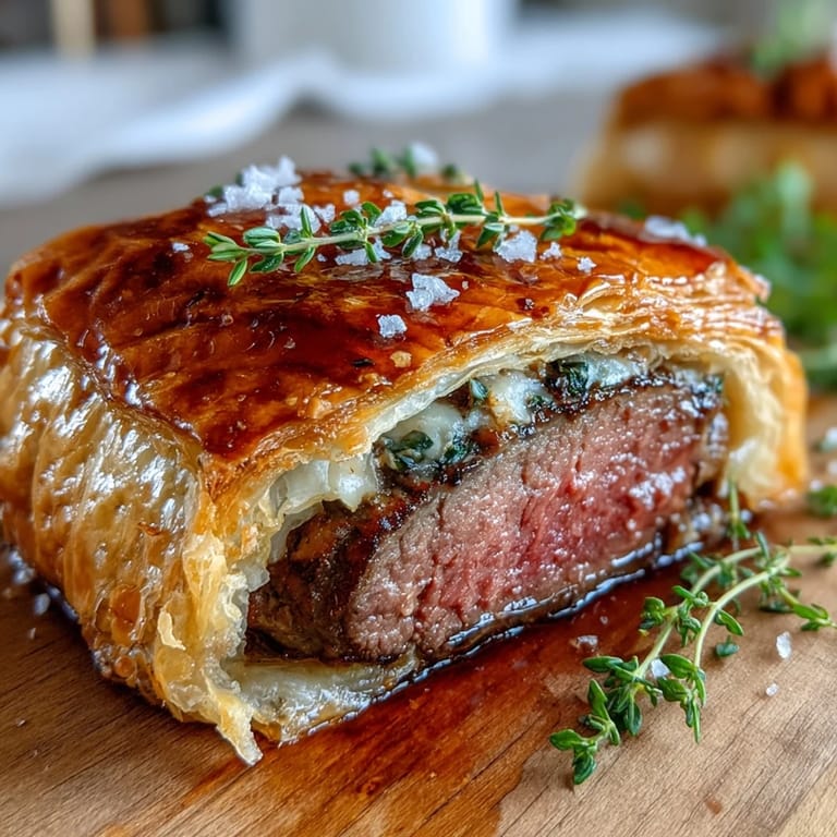 Classic Beef Wellington bites: seared filet, prosciutto, and mushroom duxelles, encased in flaky puff pastry for a refined appetizer.