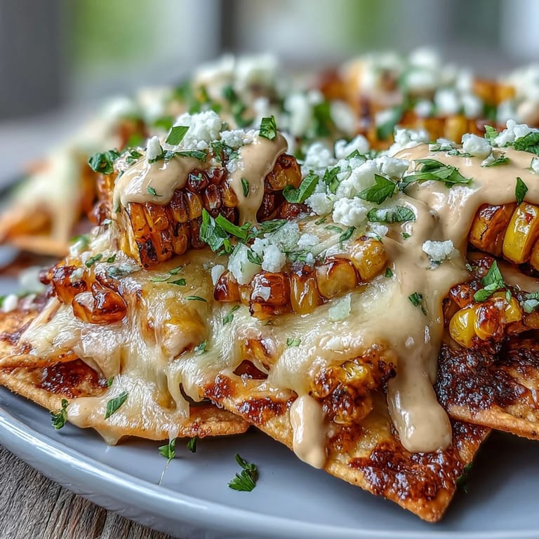 Festive Mexican street corn nachos, featuring sautéed corn, jalapeño, and green onions, baked to golden perfection with chipotle sour cream.