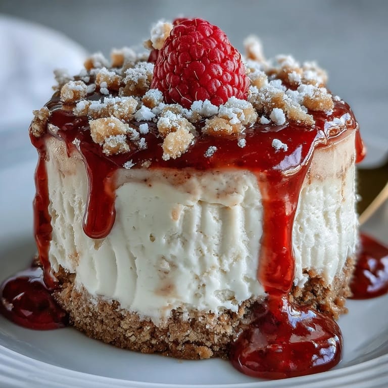 Silky no-bake cheesecake with tangy raspberry coulis drizzle, set on a crisp biscuit base, ideal for springtime gatherings.