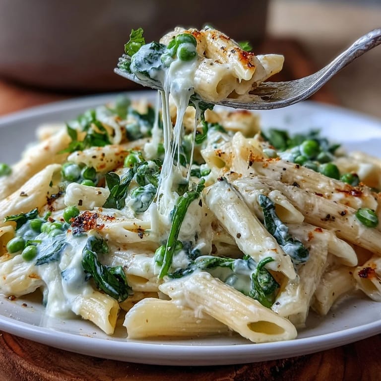 Creamy one-pot pasta dish featuring zesty lemon, ricotta, and Parmesan with fresh peas and spinach, served hot in a skillet.