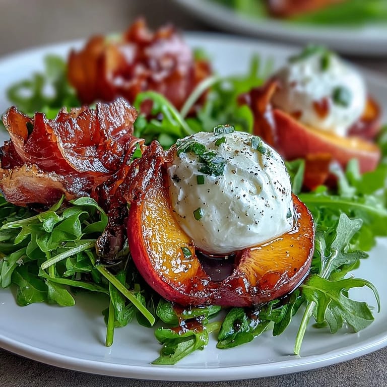 Sweet ripe peaches and salty prosciutto paired with burrata and basil, perfect for summer.  