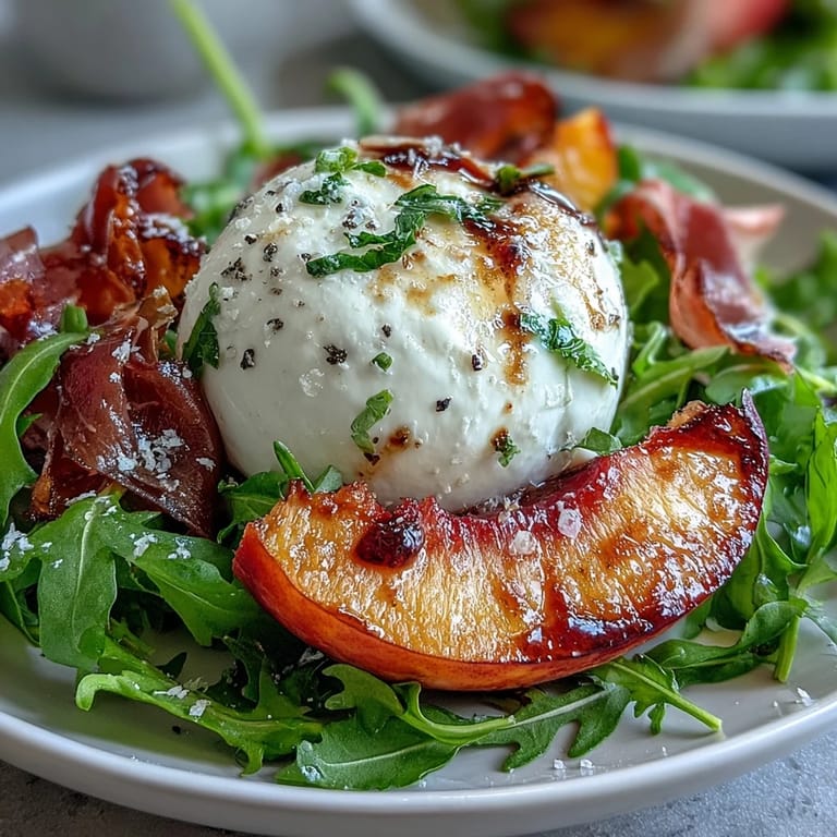 Fresh arugula topped with burrata, peach slices, and prosciutto, finished with balsamic glaze.