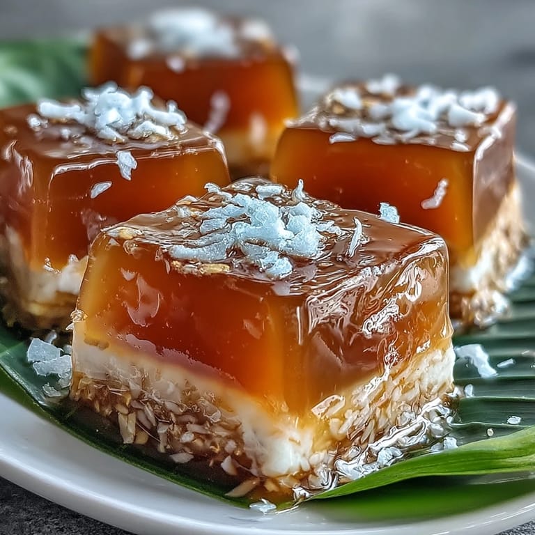 Silky mango and coconut milk jelly cubes, delicately set with agar-agar, offering a naturally sweet and fragrant vegan treat.