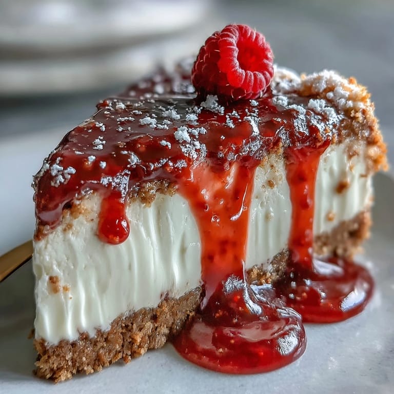 Decadent no-bake cheesecake topped with vibrant raspberry coulis, garnished with fresh berries, an elegant dessert for special occasions.