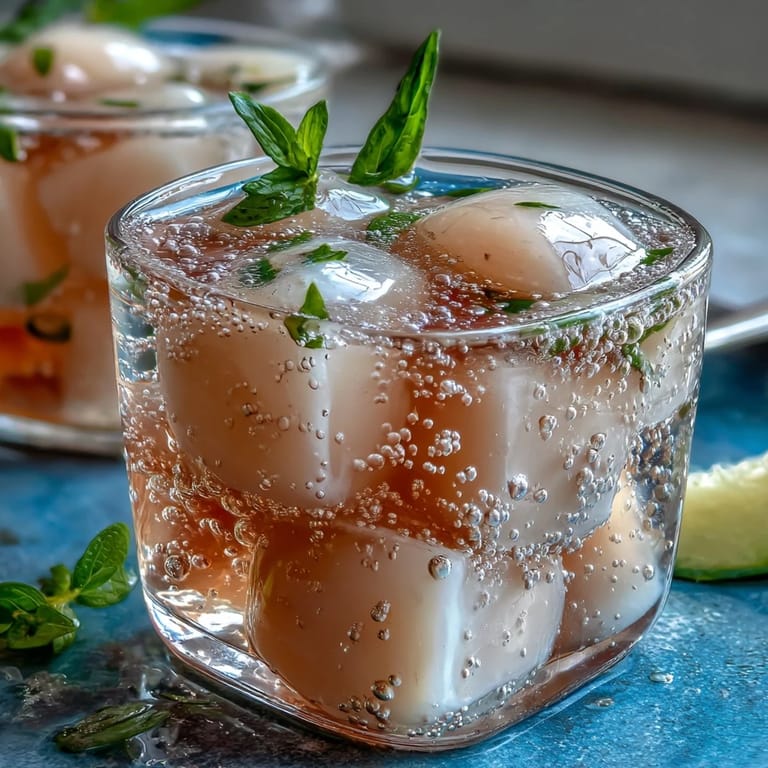 Translucent lychee jelly cubes with whole lychees suspended inside, served in a tall glass with fizzy yuzu citrus water and mint garnish.