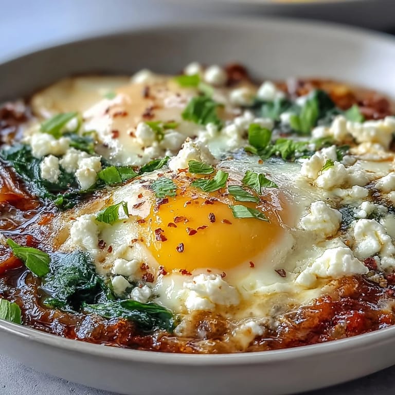 Vibrant eggs nestled in a bed of spinach and feta shakshuka, with rich tomato sauce and crumbled cheese.