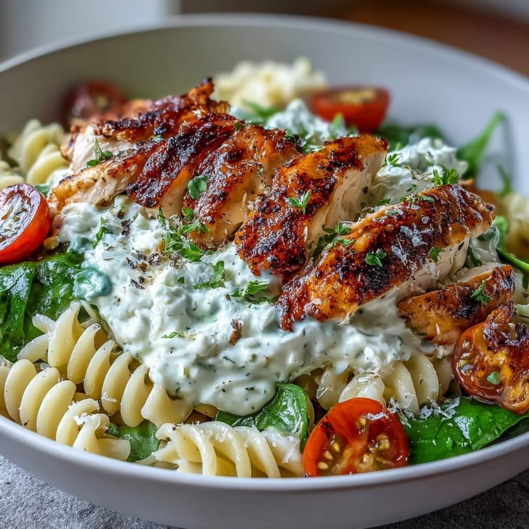 Creamy high protein pasta bowl featuring grilled chicken, spinach, and cottage cheese for a balanced meal.