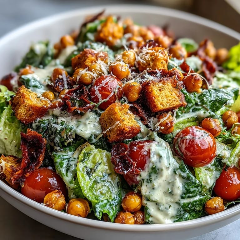 Hearty vegan Caesar salad topped with seasoned, golden chickpea croutons and creamy dressing.