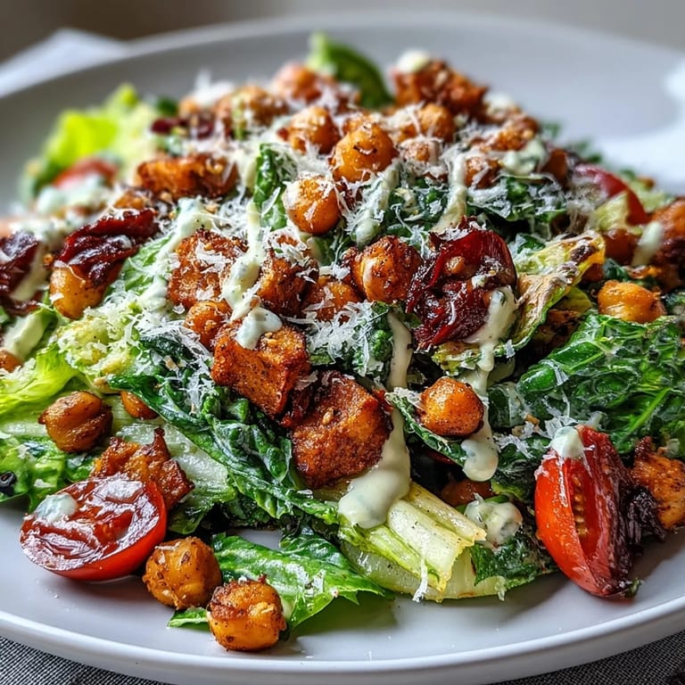 Delicious vegan Caesar salad featuring tender romaine and spiced, crispy chickpea croutons.