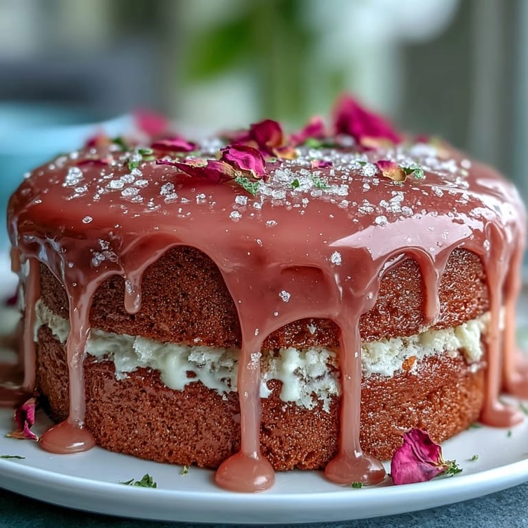 Decadent Bridal Shower Rosé Velvet Cake featuring a shiny, edible gold drizzle.