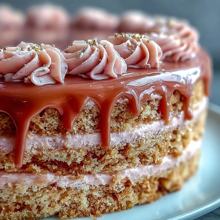 Soft Rosé Velvet Cake for a bridal shower, with cascading golden chocolate drips.