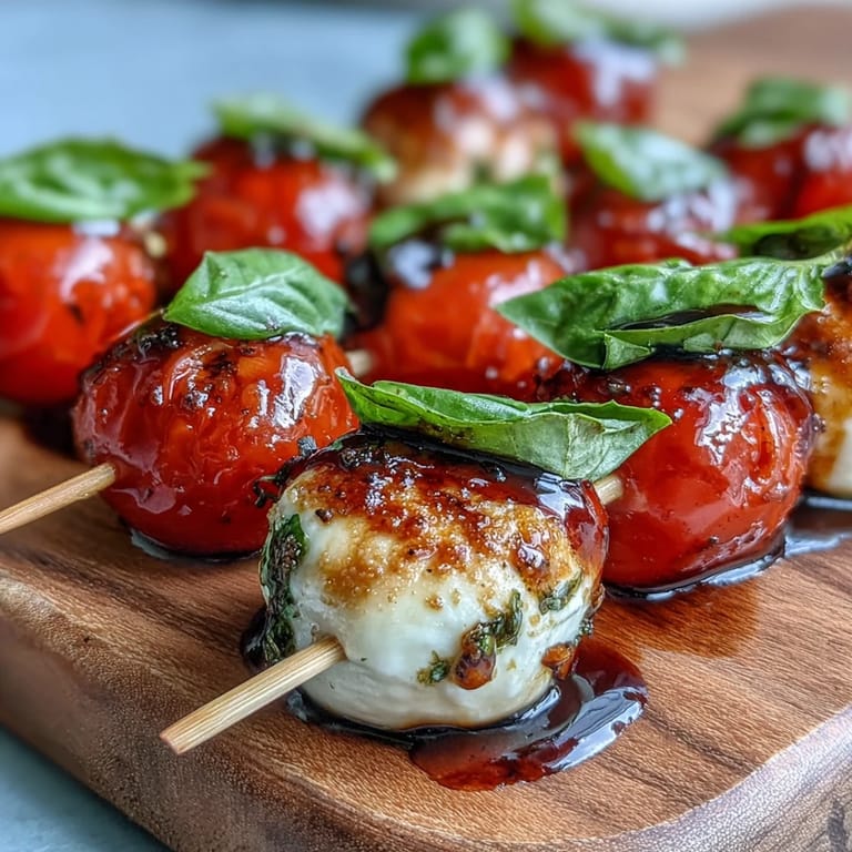 Easy Caprese skewers appetizer, a refreshing bite with sweet balsamic glaze.