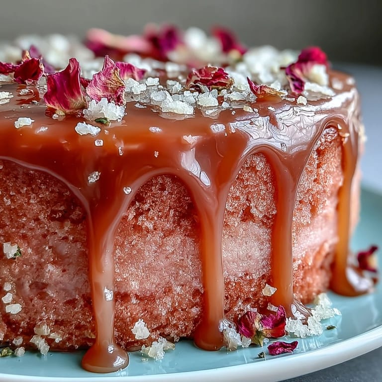 Decadent rosé velvet cake, perfectly frosted with a striking gold drip effect.