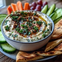 Creamy Black-Eyed Pea Hummus topped with olive oil and smoked paprika served with fresh veggies.