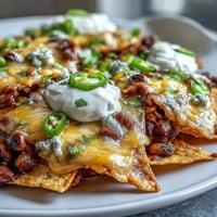 Freshly baked Black-Eyed Pea Nachos with melted cheddar, spicy jalapeños, and diced tomatoes served on crispy tortilla chips.